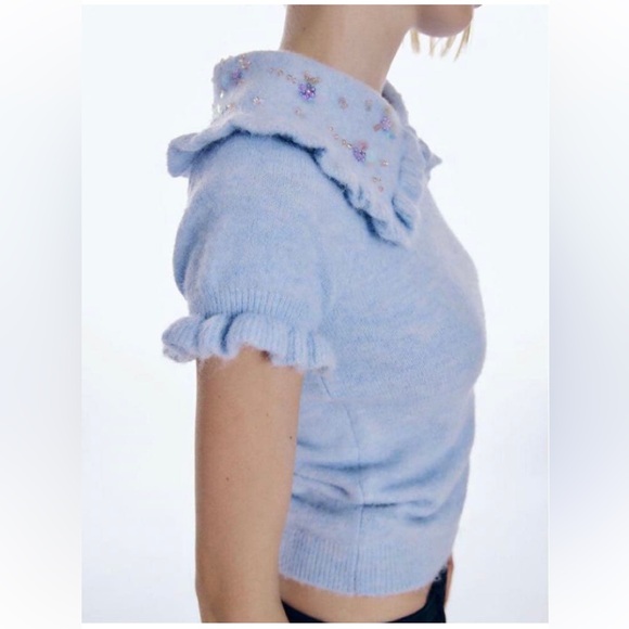 Zara Women’s S Soft Blue Peter Pan Embellished Beaded Collar Knit Sweater Top - Picture 2 of 9